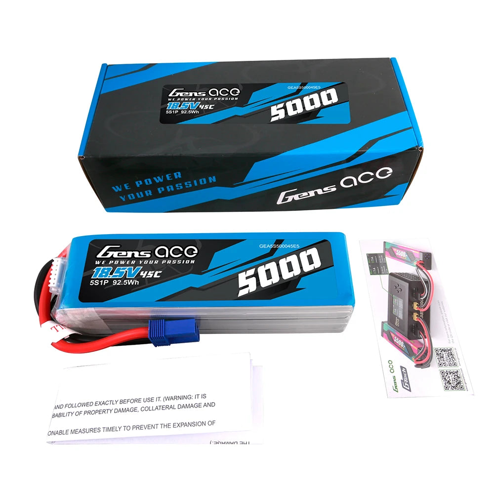 Gens ace 5000mAh 5S 45C 18.5V Lipo Battery | EC5 Plug | Air Classic (Non-G-Tech)