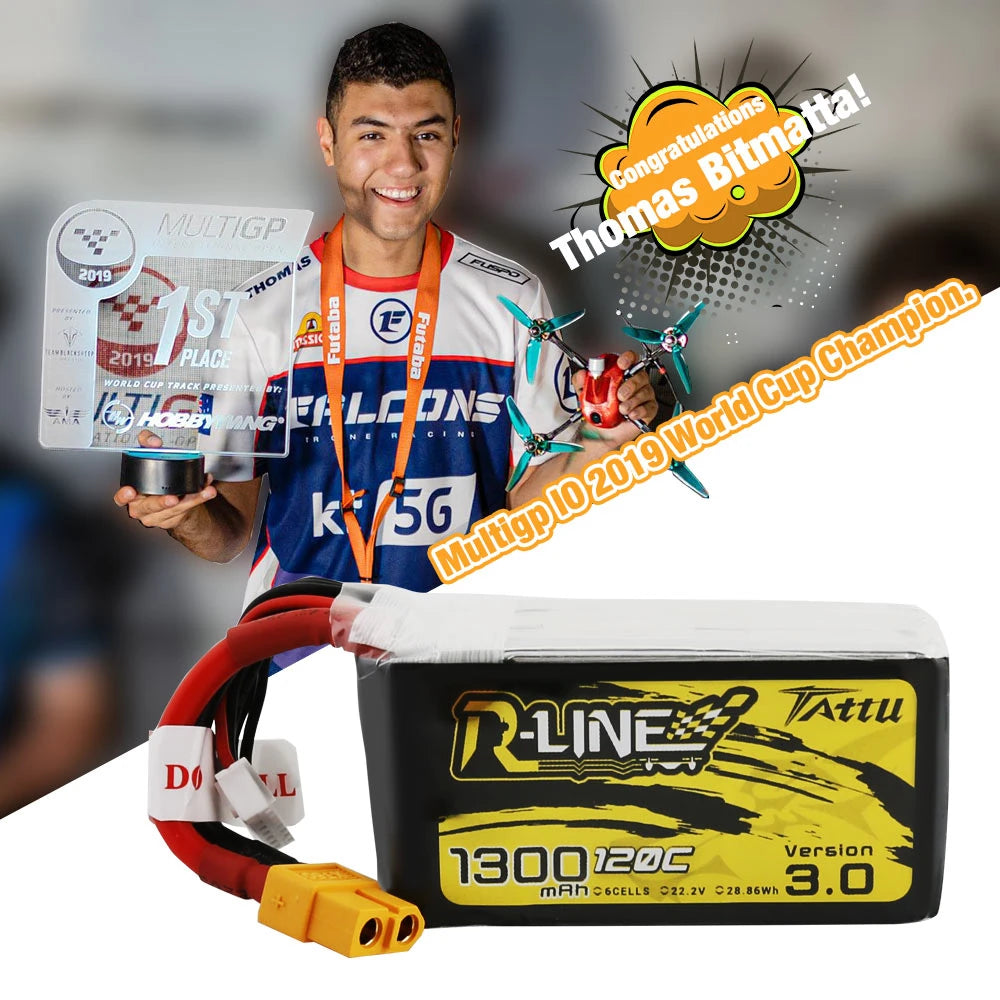 Tattu 1300mAh 6S 120C 22.2V Lipo Battery | XT60 Plug | R-Line 3.0
