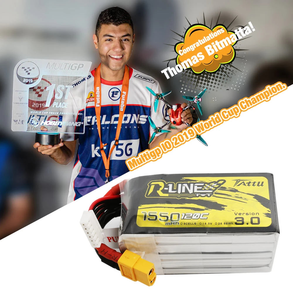 Tattu 1550mAh 5S 120C 18.5V Lipo Battery | XT60 Plug | R-Line 3.0
