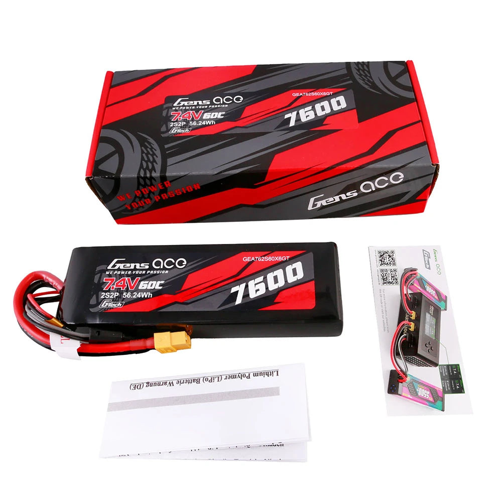 Gens ace 7600mAh 2S 60C 7.4V Lipo Battery | XT60 Plug | Car Classic