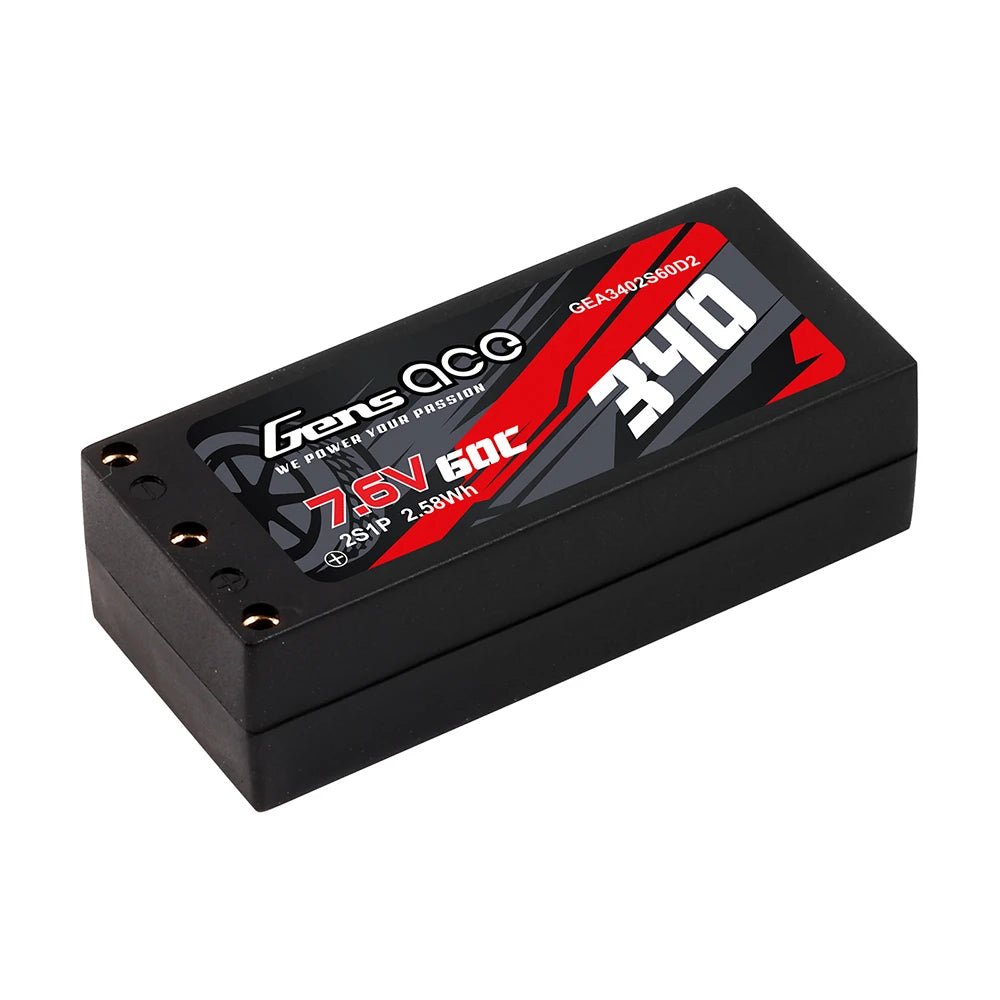 Gens ace 340mAh 2S 60C 7.6V(HV) Lipo Battery | Hardcase | 2mm Bullet to XT60 Adapter | Car Classic