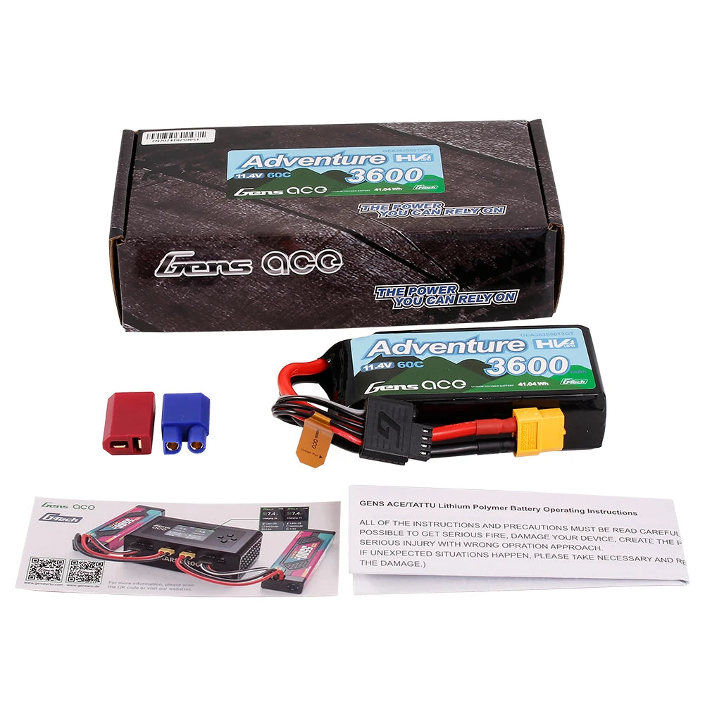 Gens ace 3600mAh 3S 60C 11.4V(HV) Lipo Battery | XT60+Deans | Adventure
