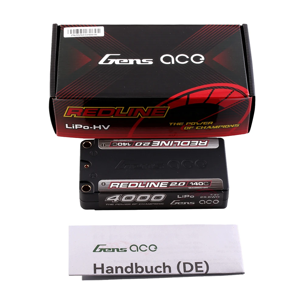 Gens ace 4000mAh 2S 140C 7.4V Shorty Lipo Battery | 5.0mm bullet | Redline 2.0