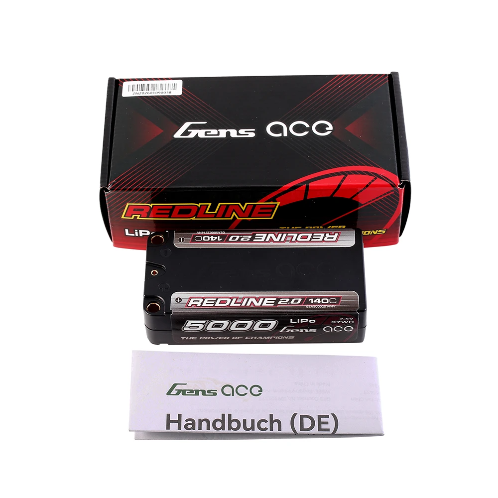 Gens ace 5000mAh 2S 140C 7.4V Shorty Lipo Battery | 5.0mm bullet | Redline 2.0