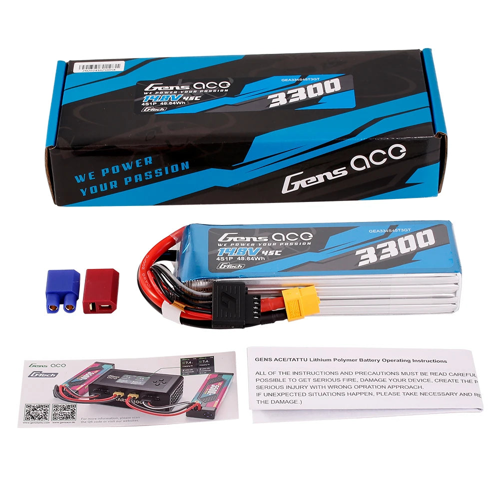 Gens ace 3300mAh 4S 45C 14.8V Lipo Battery | XT60+EC3+Deans | Air Classic