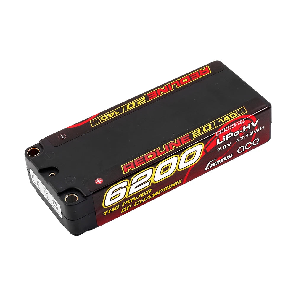 Gens ace 6200mAh 2S 140C 7.6V(HV) Mid-size Lipo Battery | 5.0mm bullet | Redline 2.0