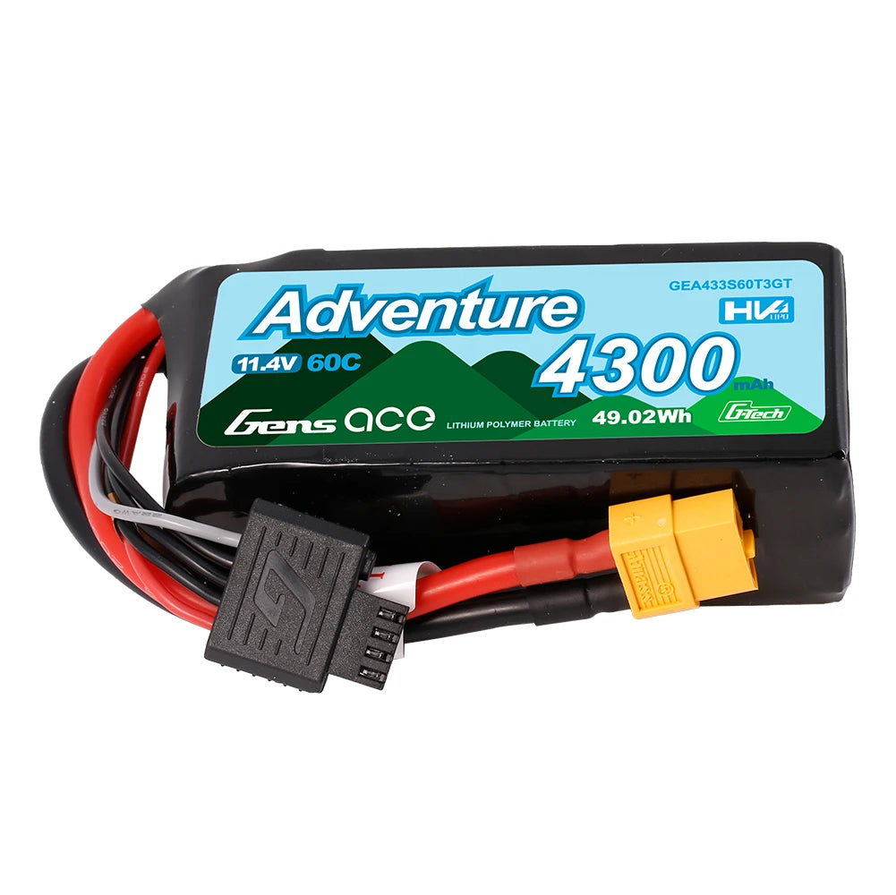 Gens ace 4300mAh 3S 60C 11.4V(HV) Lipo Battery | XT60+EC3+Deans | Adventure