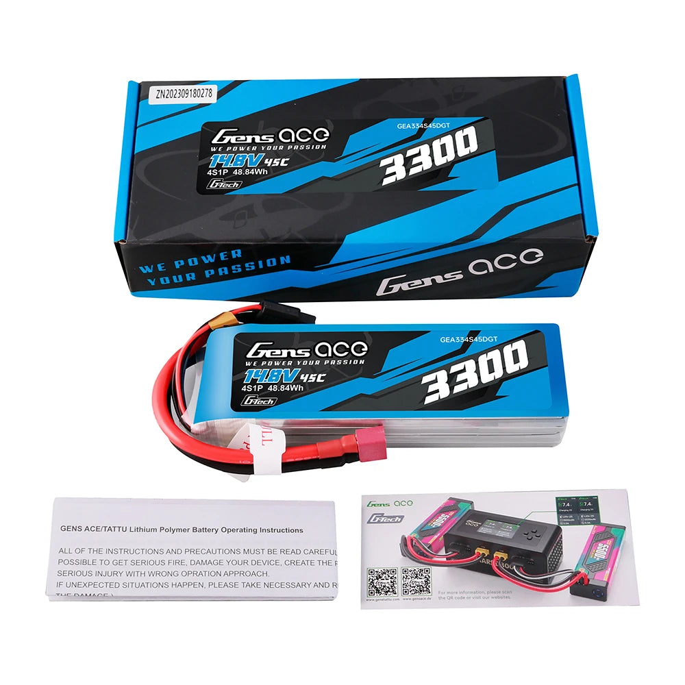 Gens ace 3300mAh 4S 45C 14.8V Lipo Battery | Deans Plug | Air Classic