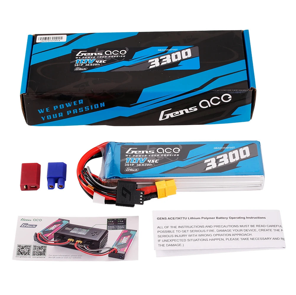 Gens ace 3300mAh 3S 45C 11.1V Lipo Battery | EC3+Deans | Air Classic
