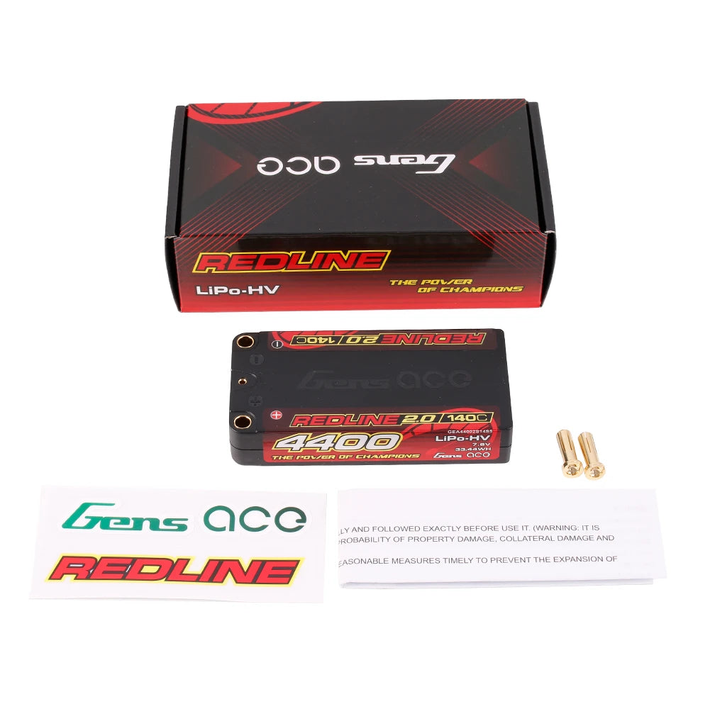 Gens ace 4400mAh 2S 140C 7.6V(HV) Shorty Lipo Battery | 5.0mm bullet | Redline 2.0