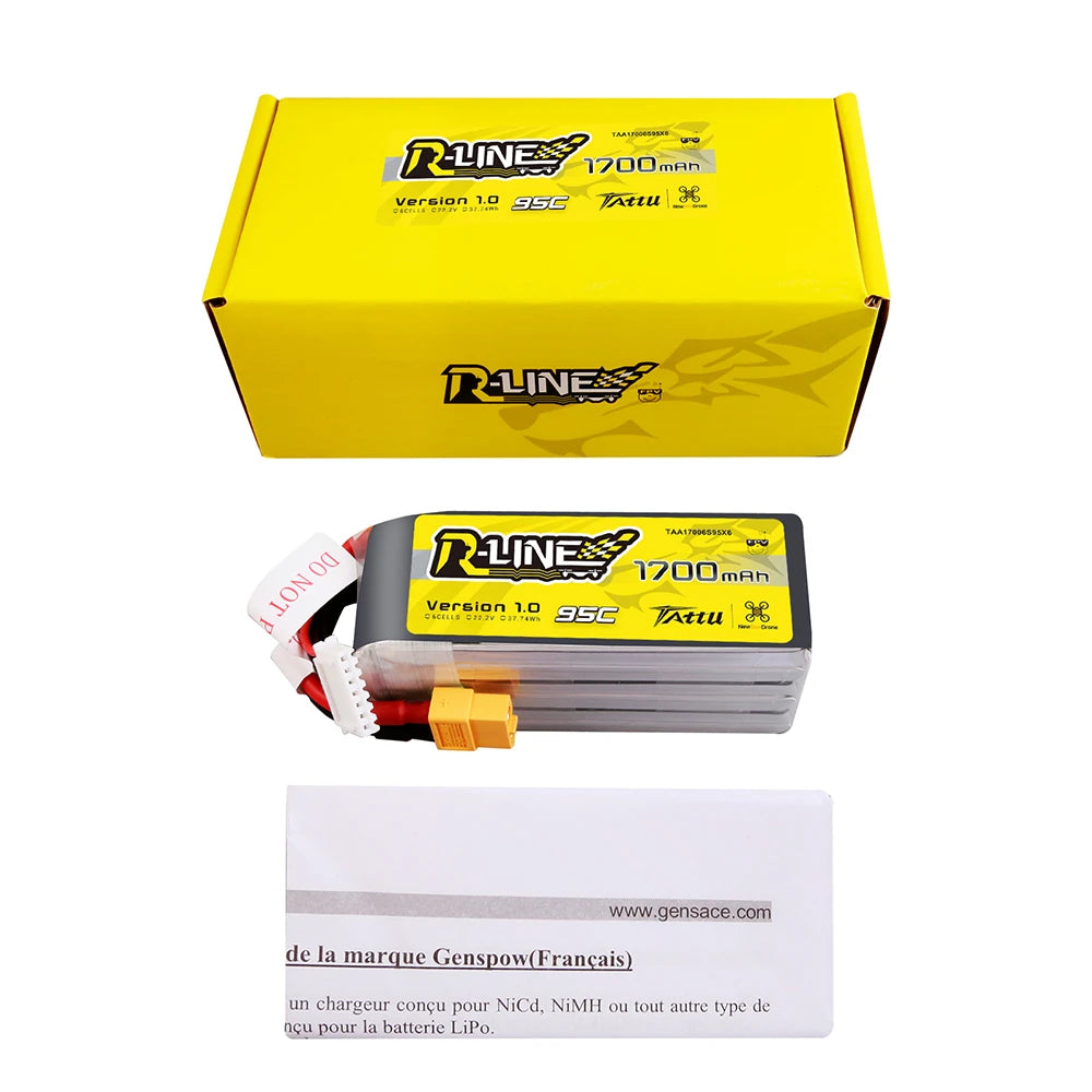 Tattu 1700mAh 6S 95C 22.2V Lipo Battery | XT60 Plug | R-Line 1.0