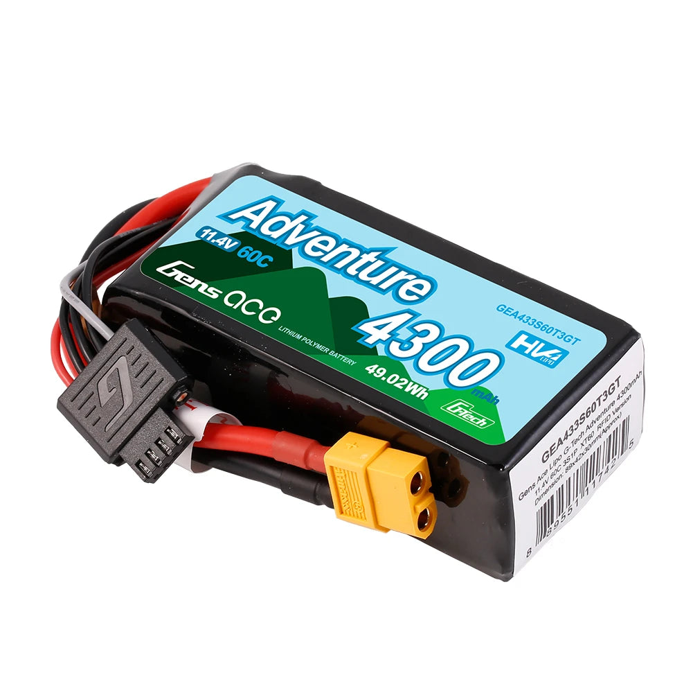 Gens ace 4300mAh 3S 60C 11.4V(HV) Lipo Battery | XT60+EC3+Deans | Adventure