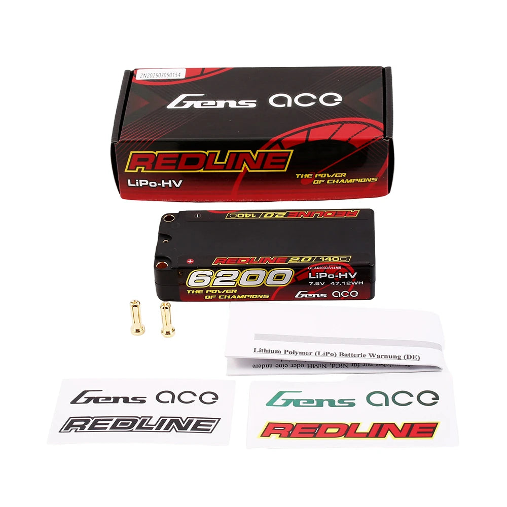 Gens ace 6200mAh 2S 140C 7.6V(HV) Mid-size Lipo Battery | 5.0mm bullet | Redline 2.0
