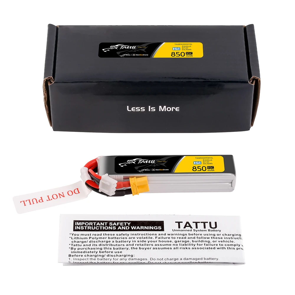 Tattu 850mAh 2S 95C 7.6V(HV) Long Lipo Battery | XT30 Plug | FPV Classic