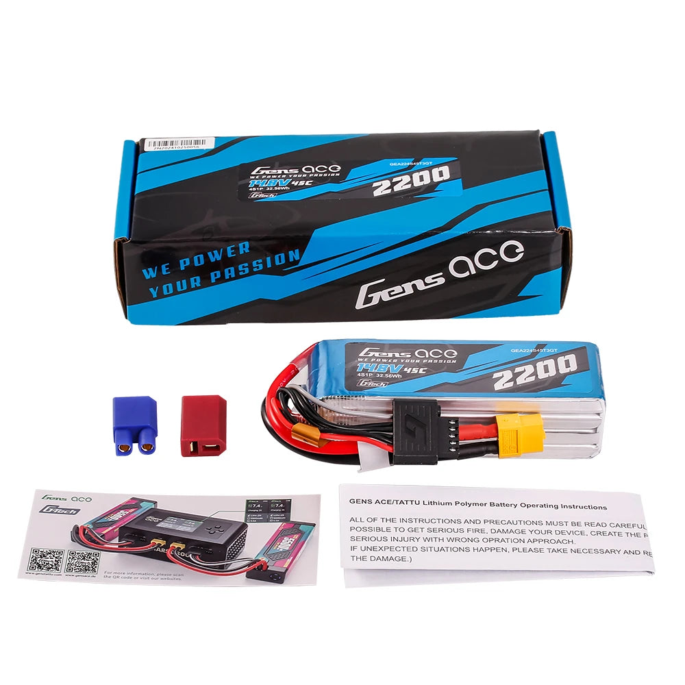 Gens ace 2200mAh 4S 45C 14.8V Lipo Battery | XT60+EC3+Deans | Air Classic