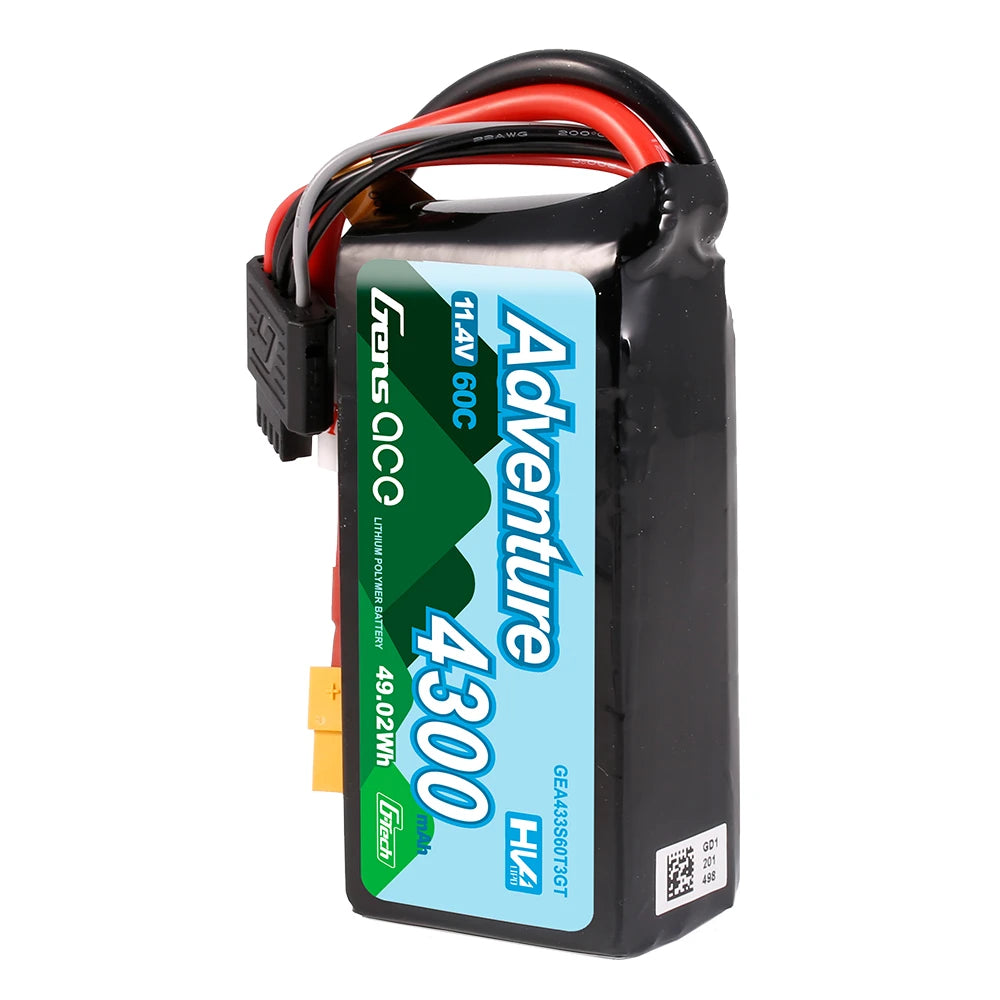 Gens ace 4300mAh 3S 60C 11.4V(HV) Lipo Battery | XT60+EC3+Deans | Adventure