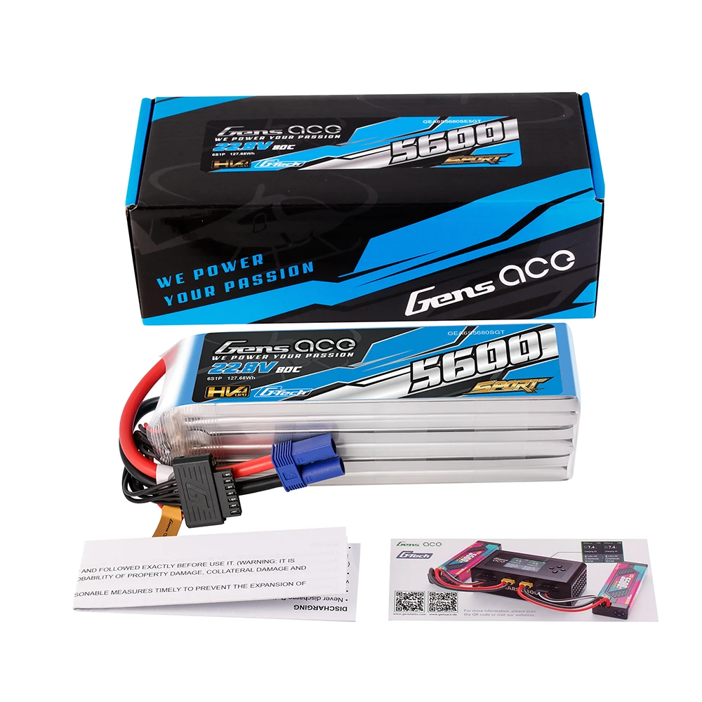 Gens ace 5600mAh 6S 80C 22.8V(HV) Lipo Battery | EC5 Plug | Sport