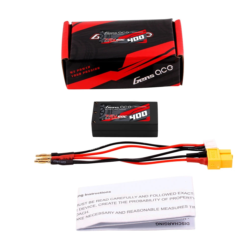 Gens ace 400mAh 2S 60C 7.6V(HV) Lipo Battery | Hardcase | 2mm Bullet to XT60 Adapter | Car Classic