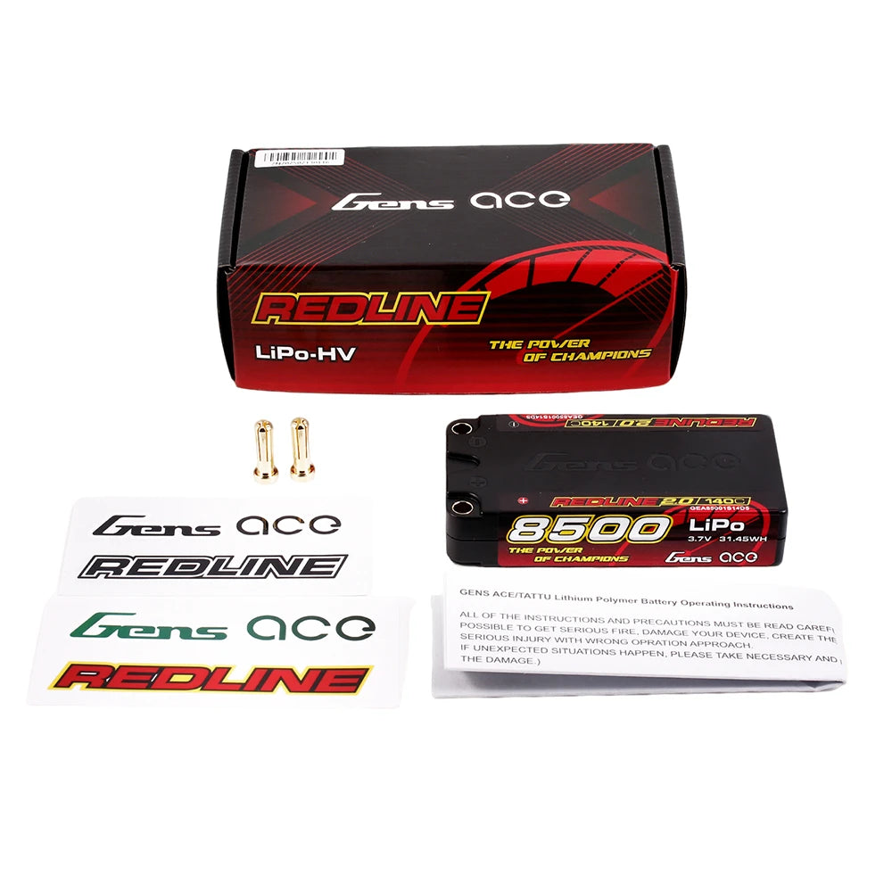 Gens ace 8500mAh 1S 140C 3.7V Shorty Lipo Battery | 5.0mm bullet | Redline 2.0