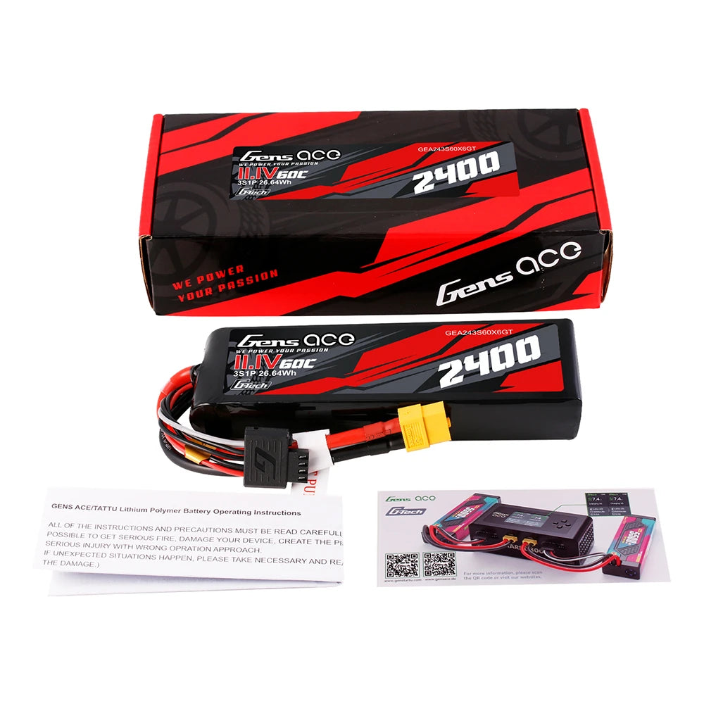 Gens ace 2400mAh 3S 60C 11.1V Lipo Battery | XT60 Plug | Car Classic