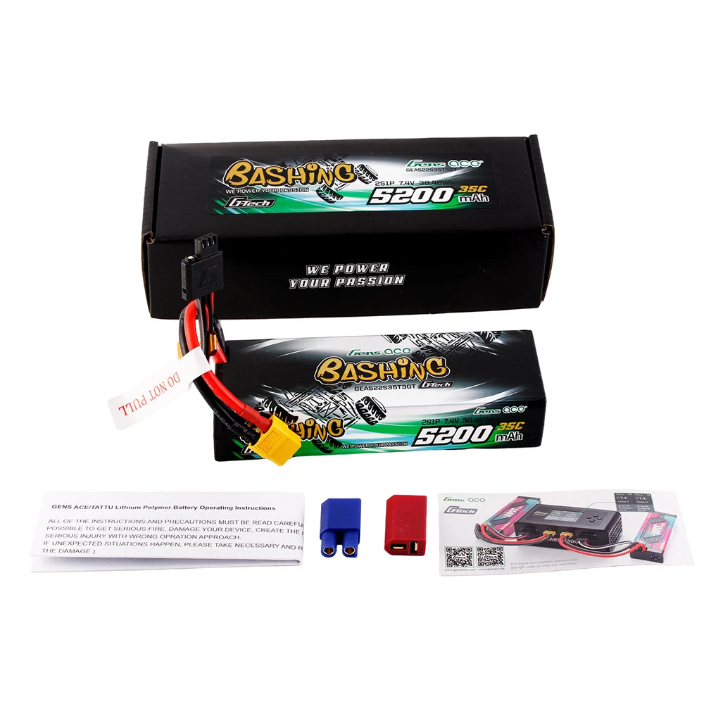 Gens ace 5200mAh 2S 35C 7.4V Lipo Battery | Hardcase | XT60+EC3+Deans | Bashing