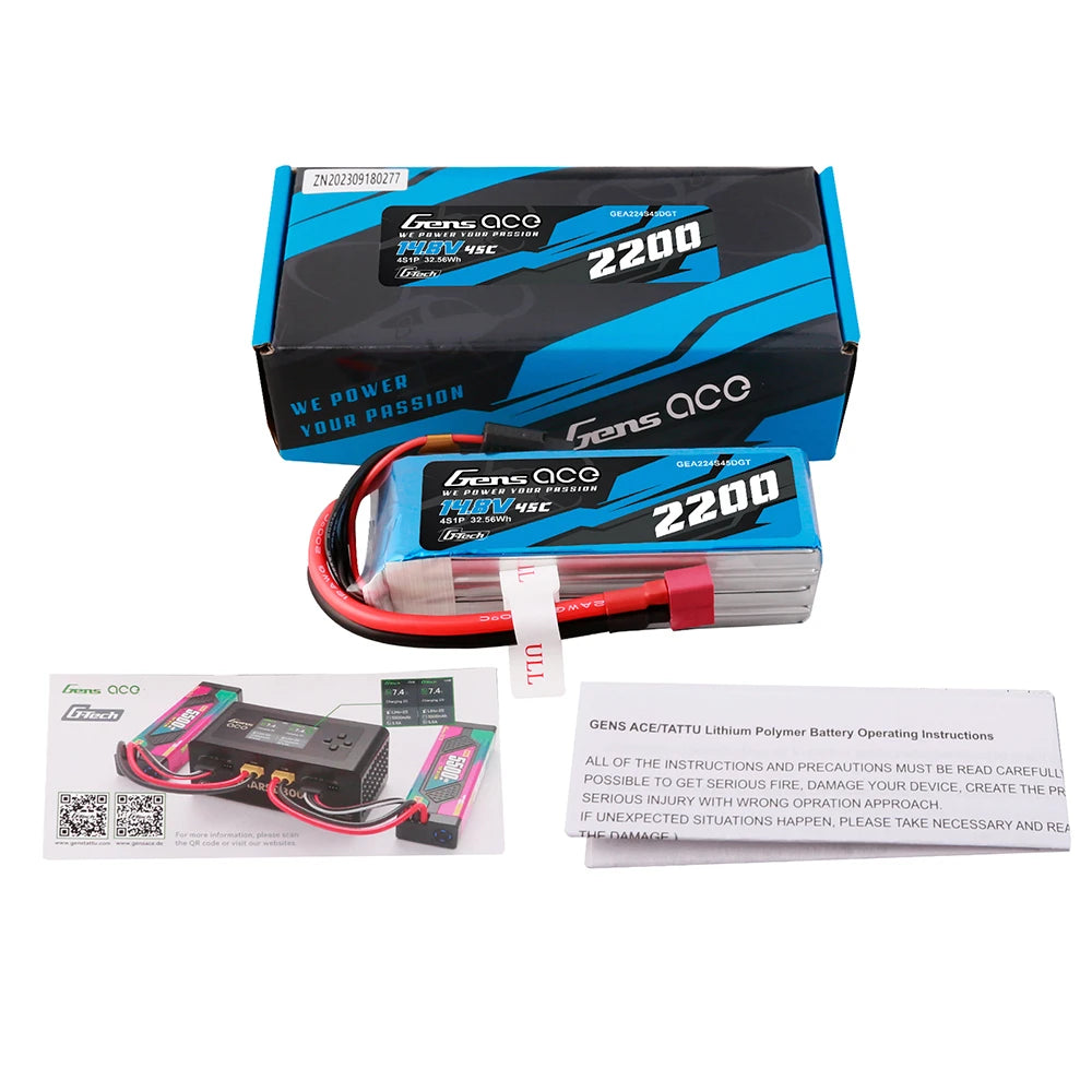 Gens ace 2200mAh 4S 45C 14.8V Lipo Battery | Deans Plug | Air Classic