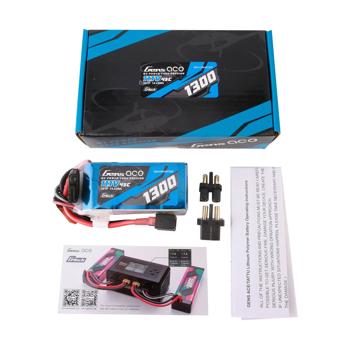 Gens ace 1300mAh 3S 45C 11.1V Lipo Battery | EC3+Deans | Air Classic