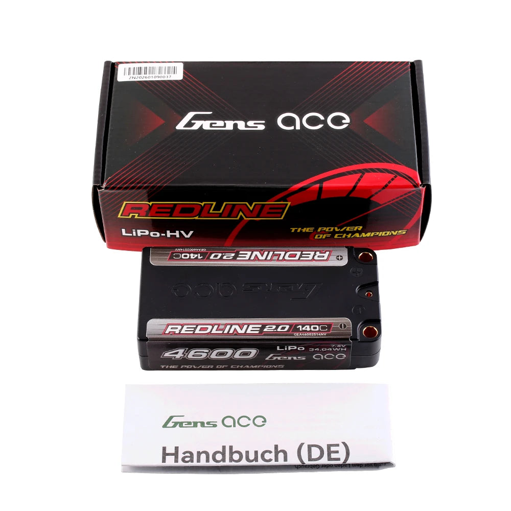 Gens ace 4600mAh 2S 140C 7.4V Shorty Lipo Battery | 5.0mm bullet | Redline 2.0
