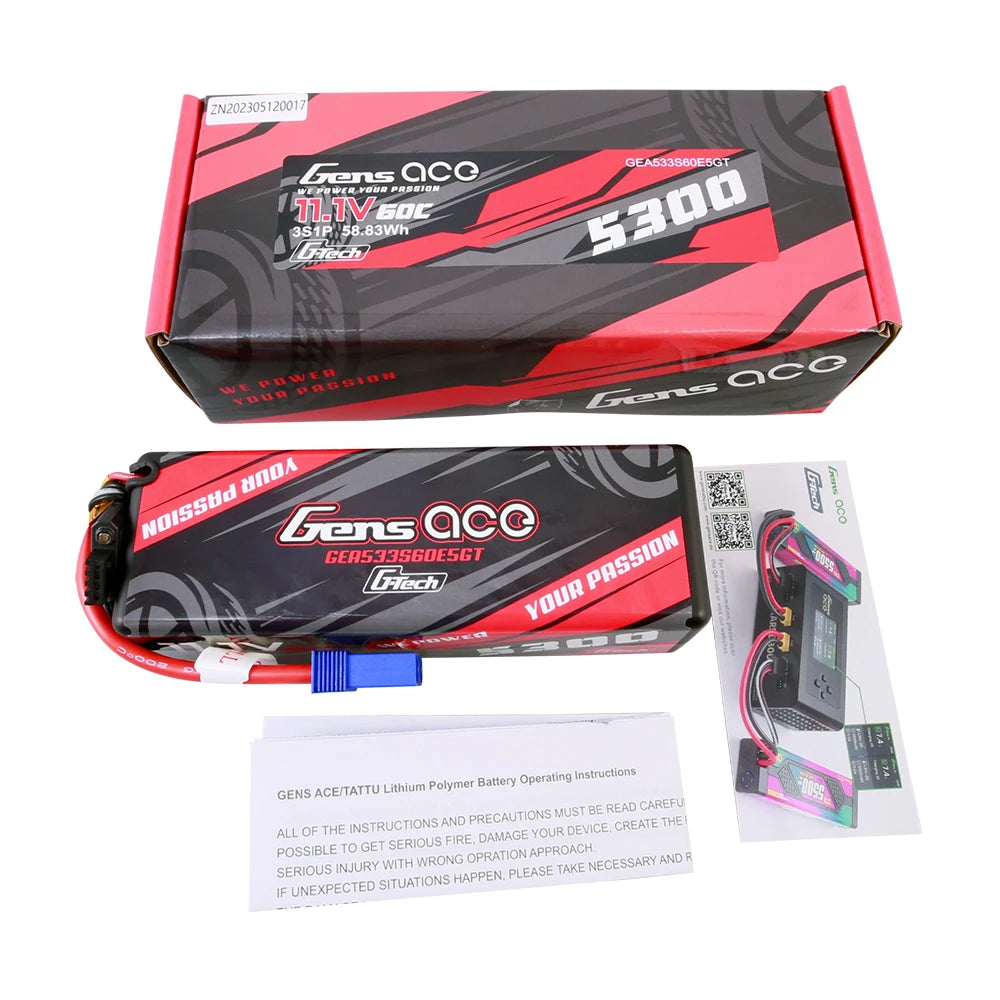 Gens ace 5300mAh 3S 60C 11.1V Lipo Battery | Hardcase | EC5 Plug | Car Classic