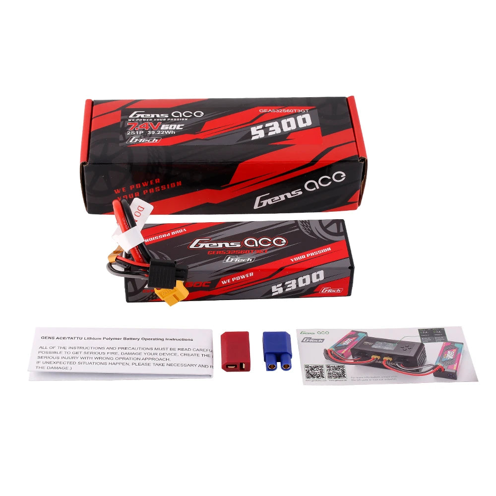 Gens ace 5300mAh 2S 60C 7.4V Lipo Battery | Hardcase | XT60+EC3+Deans | Car Classic