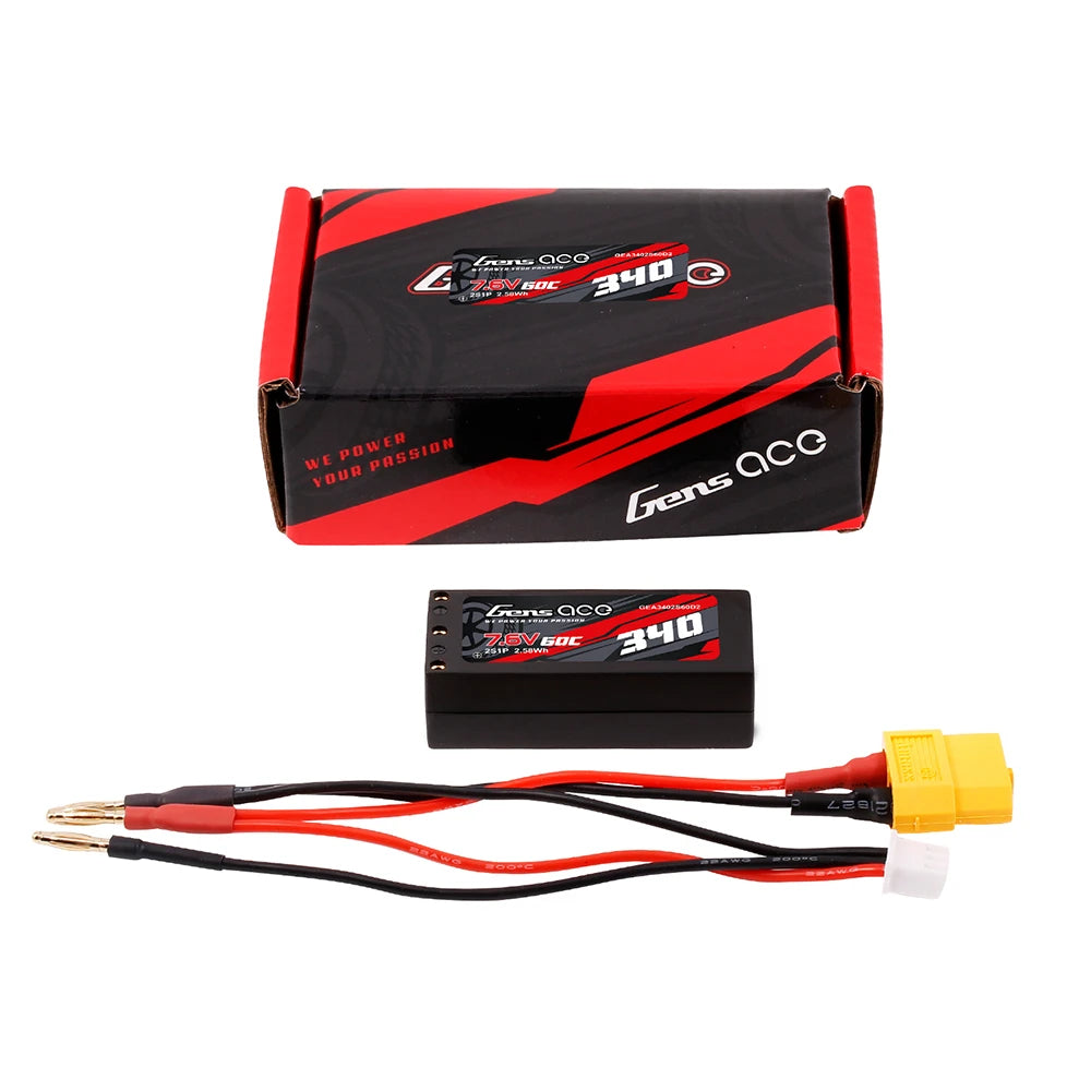Gens ace 340mAh 2S 60C 7.6V(HV) Lipo Battery | Hardcase | 2mm Bullet to XT60 Adapter | Car Classic