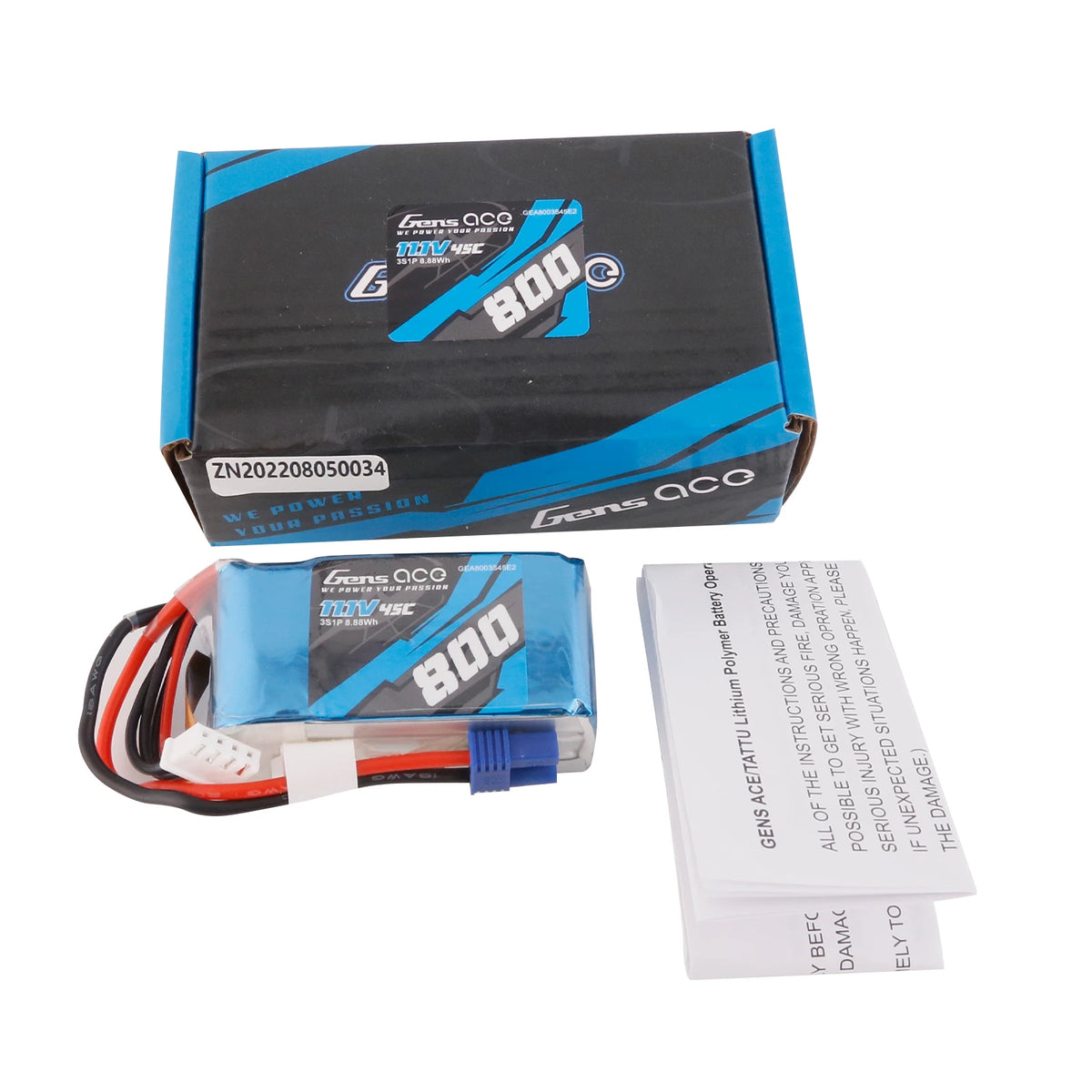 Gens ace 800mAh 3S 45C 11.1V Lipo Battery | EC2 Plug | Air Classic (Non-G-Tech)
