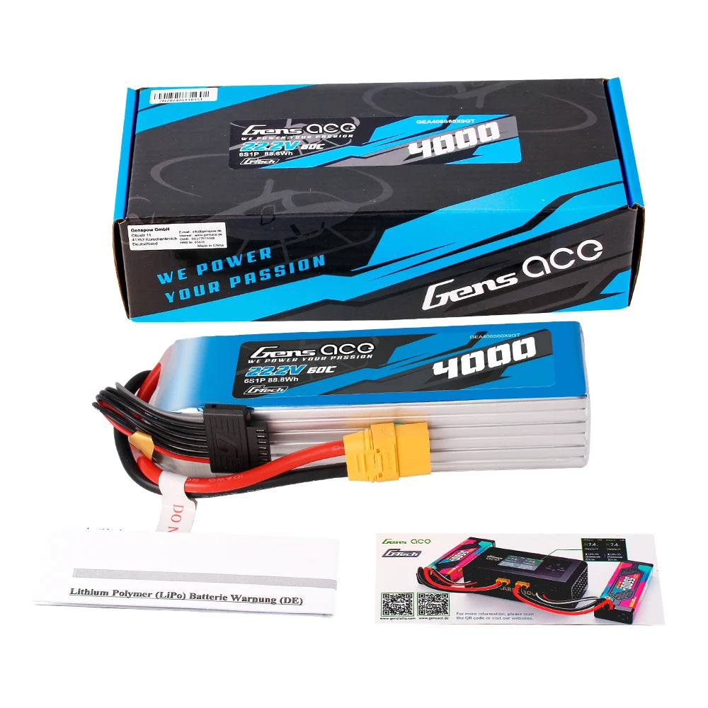 Gens ace 4000mAh 6S 60C 22.2V Lipo Battery | XT90 Plug | Air Classic