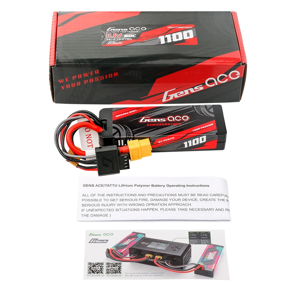Gens ace 1100mAh 3S 60C 11.1V Lipo Battery | Hardcase | XT60 Plug | Car Classic