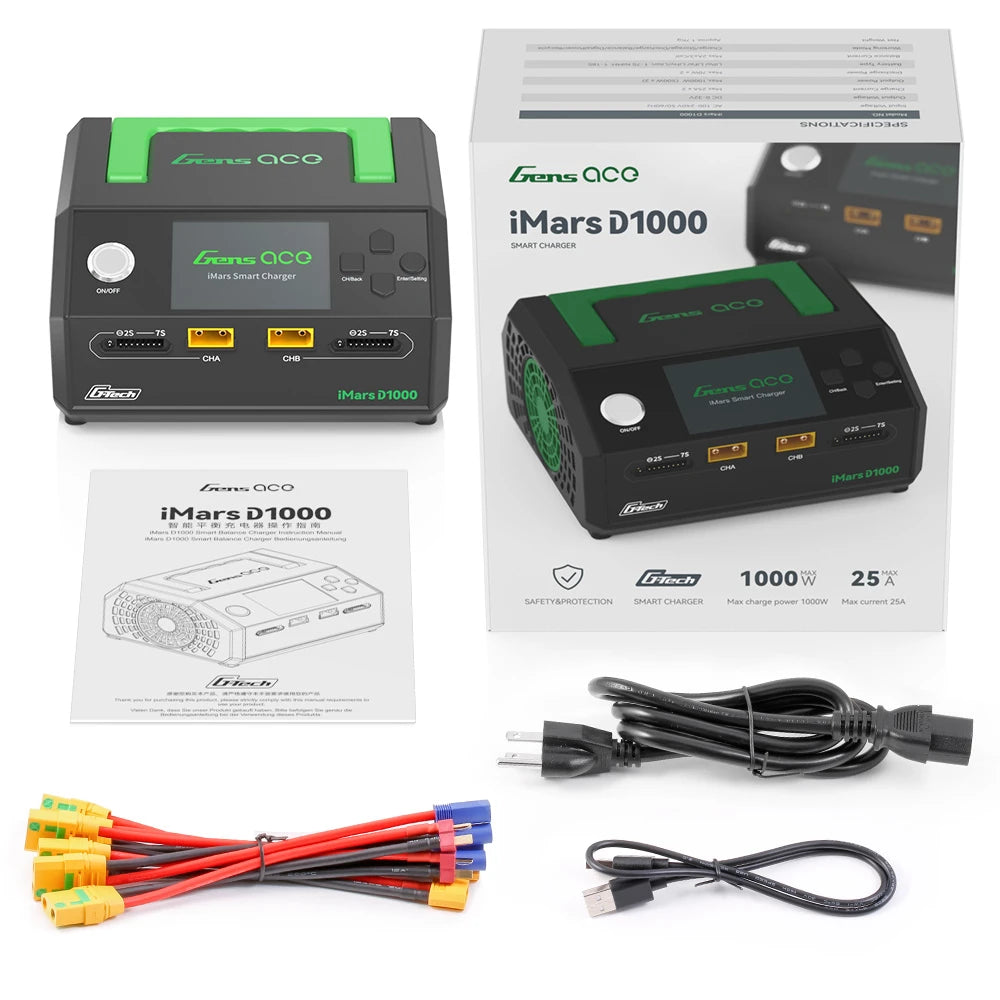 Gens ace iMars D1000 Smart Charger | AC 1000W | 25A | 1-7S | 2-Channel