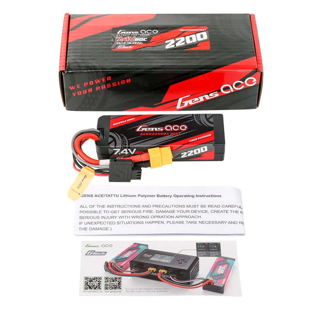Gens ace 2200mAh 2S 60C 7.4V Lipo Battery | Hardcase | XT60 Plug | Car Classic