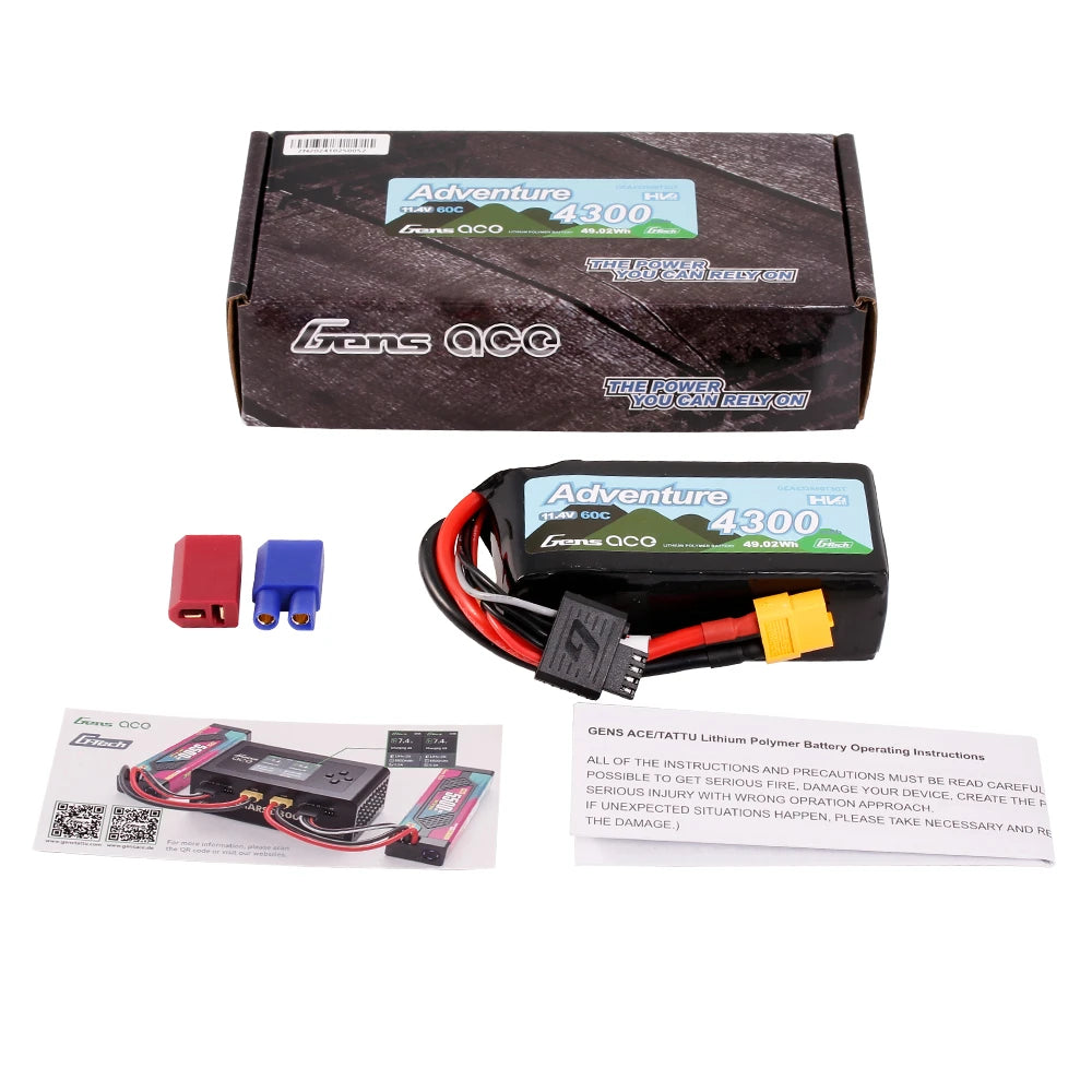 Gens ace 4300mAh 3S 60C 11.4V(HV) Lipo Battery | XT60+EC3+Deans | Adventure