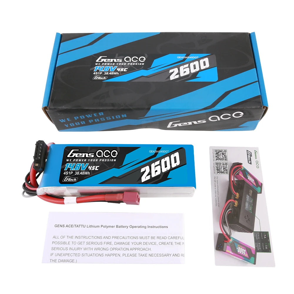 Gens ace 2600mAh 4S 45C 14.8V Lipo Battery | Deans Plug | Air Classic