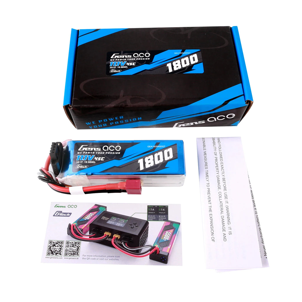 Gens ace 1800mAh 3S 45C 11.1V Lipo Battery | Deans Plug | Air Classic