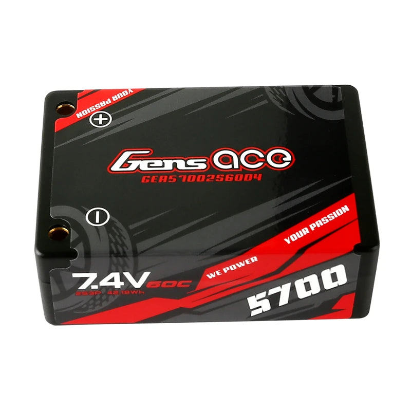 Gens ace 5700mAh 2S 60C 7.4V Saddle Lipo Battery | Hardcase | 4.0mm bullet to Deans Plug | Car Classic