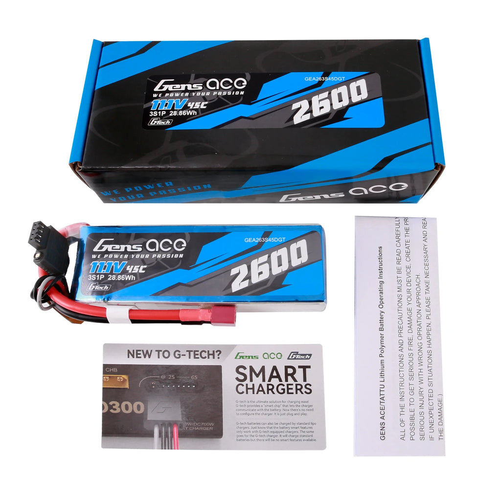 Gens ace 2600mAh 3S 45C 11.1V Lipo Battery | Deans Plug | Air Classic