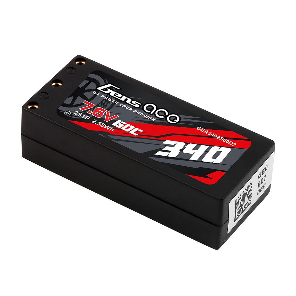 Gens ace 340mAh 2S 60C 7.6V(HV) Lipo Battery | Hardcase | 2mm Bullet to XT60 Adapter | Car Classic