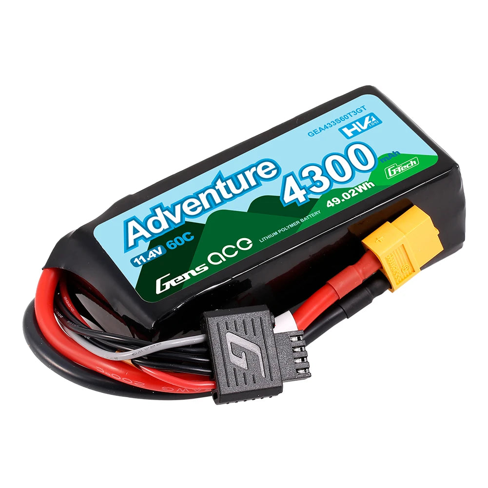 Gens ace 4300mAh 3S 60C 11.4V(HV) Lipo Battery | XT60+EC3+Deans | Adventure