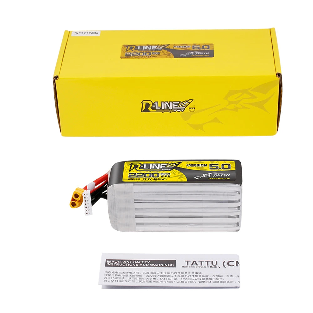 Tattu 2200mAh 6S 150C 22.2V Lipo Battery | XT60 Plug | R-Line 5.0