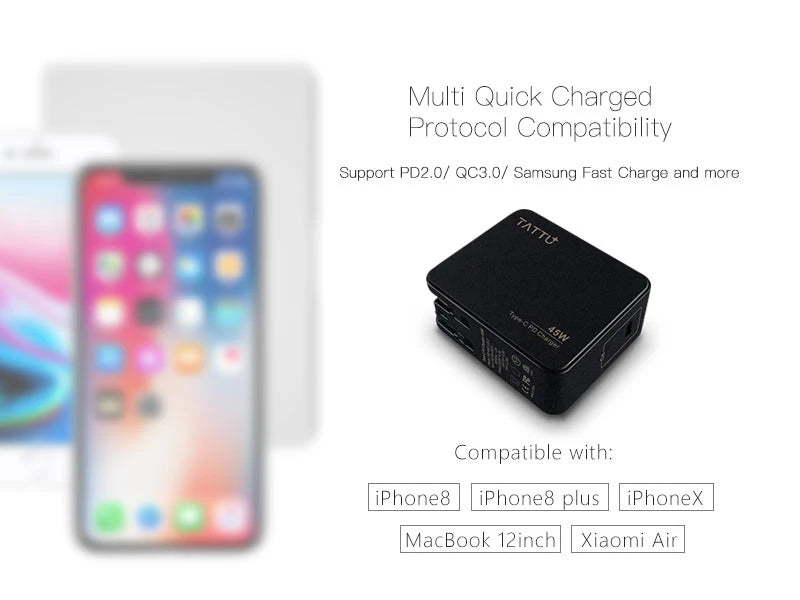Tattu 45W USB Type C Power Delivery 2.0 Wall Charger for Phone, Macbook and More