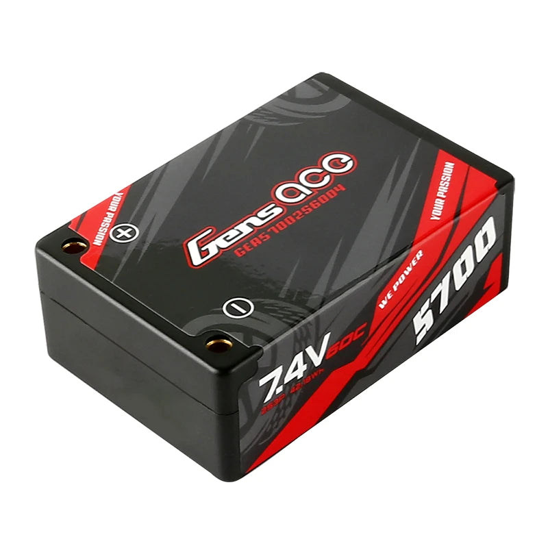 Gens ace 5700mAh 2S 60C 7.4V Saddle Lipo Battery | Hardcase | 4.0mm bullet to Deans Plug | Car Classic