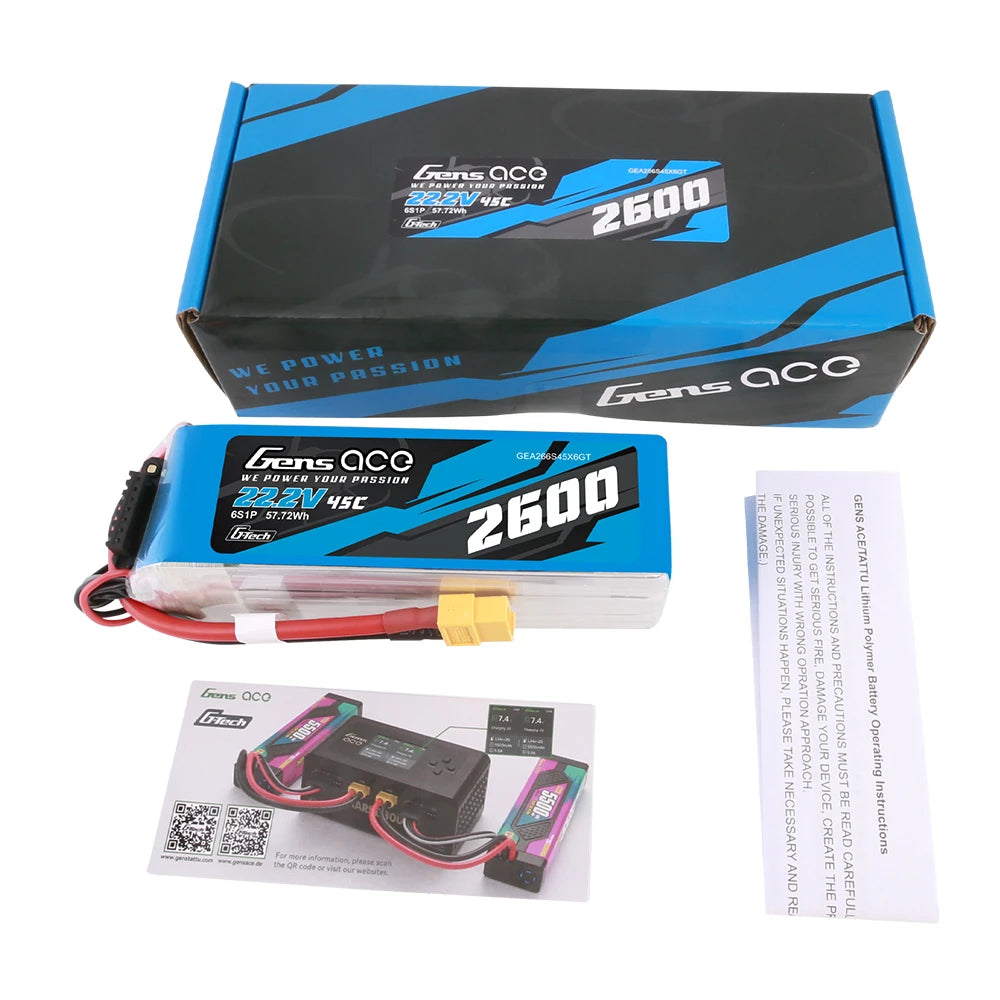 Gens ace 2600mAh 6S 45C 22.2V Lipo Battery | XT60 Plug | Air Classic