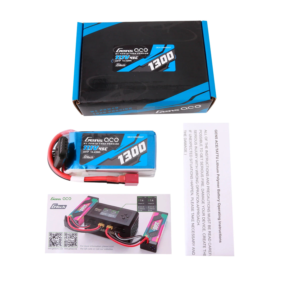 Gens ace 1300mAh 3S 45C 11.1V Lipo Battery | Deans Plug | Air Classic