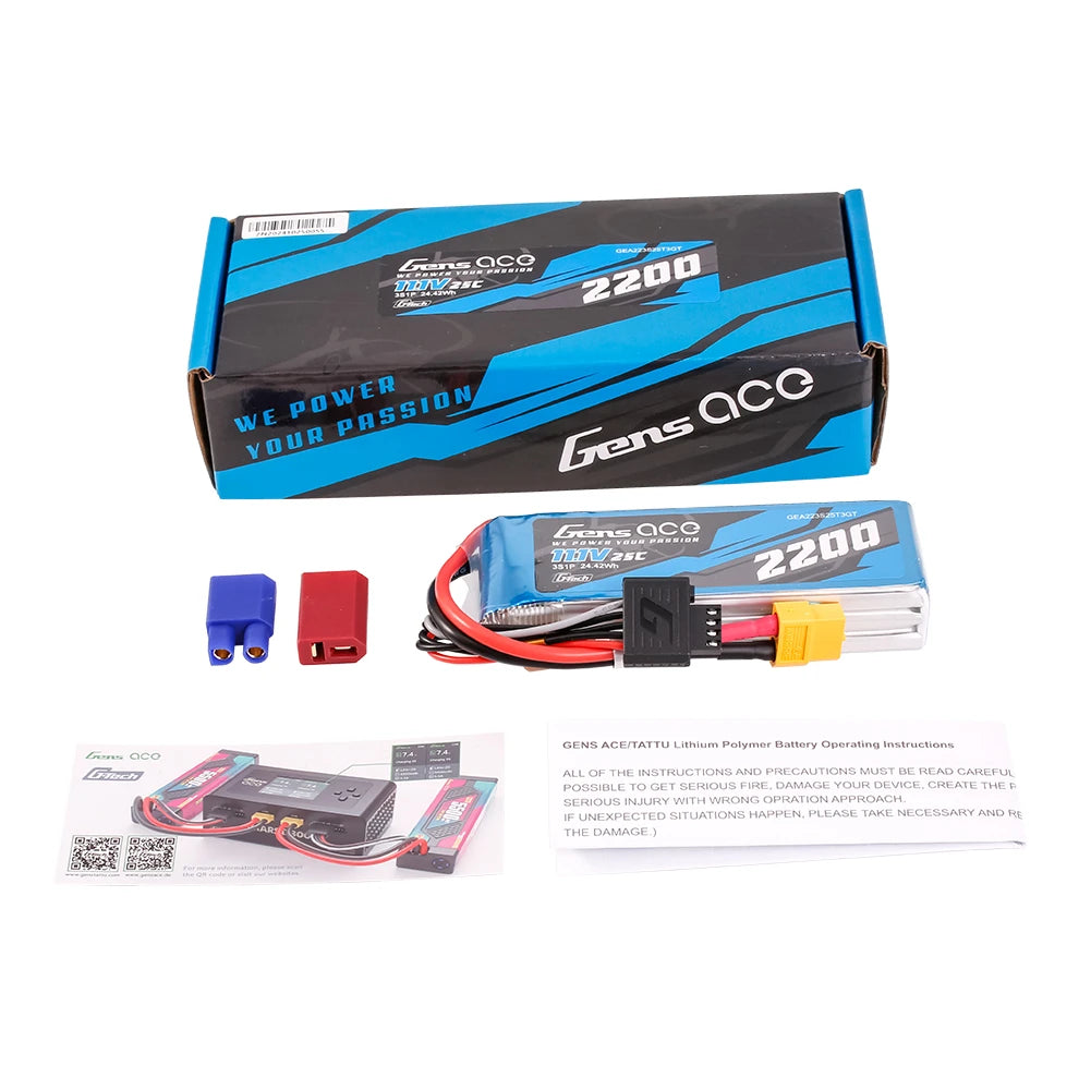 Gens ace 2200mAh 3S 25C 11.1V Lipo Battery | XT60+EC3+Deans | Air Classic