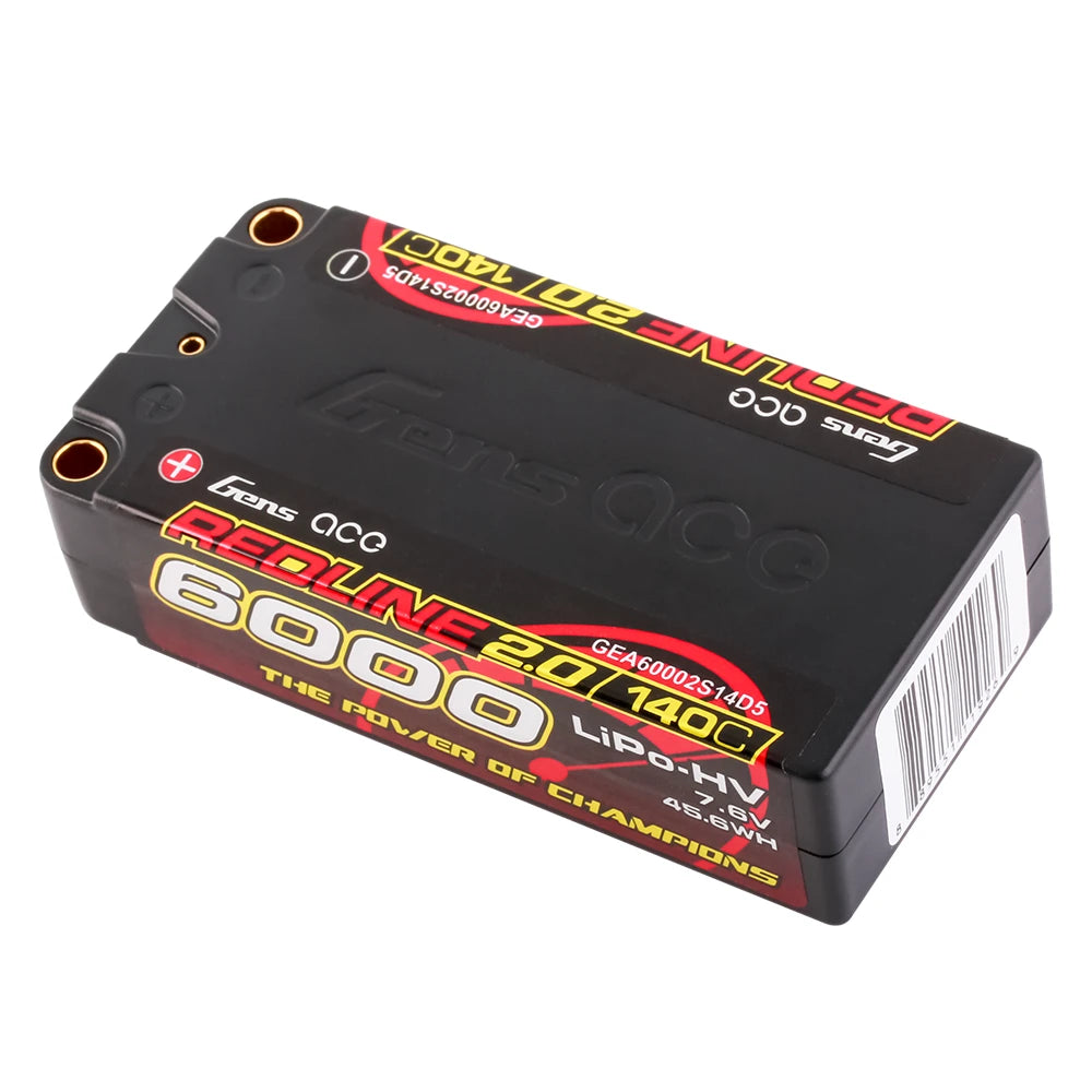 Gens ace 6000mAh 2S 140C 7.6V(HV) Shorty Lipo Battery | 5.0mm bullet | Redline 2.0
